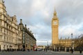 Elizabeth Tower with clock at approach to Westminster Bridge in London