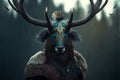 Elk animal portrait dressed as a warrior fighter or combatant soldier concept. Ai generated