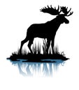 Elk with big antlers male. Silhouette picture. Animals in wild. Overgrown river bank. Island in the water. Isolated on Royalty Free Stock Photo