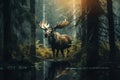 Elk in a twilight forest in the fog Royalty Free Stock Photo