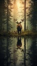 Elk in a twilight forest in the fog Royalty Free Stock Photo