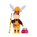 Elk Builder Character in Hard Hat Standing with Level and Toolbox Vector Illustration