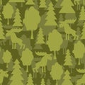 Elk in forest Military Pattern seamless. Deer and trees Soldierly and protective Background. Army fabric ornament