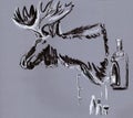 elk head with horns, hunting trophy, Moose or Eurasian elk ,Alces alces,cafe interior, graphic drawing