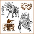 Elk hunting, Hunting logo hunting dog with a wild duck in his teeth and design elements. Royalty Free Stock Photo