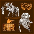 Elk hunting, Hunting logo hunting dog with a wild duck in his teeth and design elements. Royalty Free Stock Photo