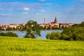 Panorama of Elk historic city center with neo-gothic church on shore of Jezioro Elckie lake in Elk town in Poland