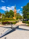 Holiest Heart of Jesus neo-gothic church at Wojska Polskiego street with Sundial Park in Elk town in Masuria region of Poland