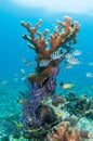 Elkhorn coral with Sergeant majors Royalty Free Stock Photo