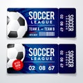 Vector illustration set of football, soccer modern flat ticket card element graphic design with realistic Ball