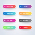 Set of colorful modern material style buttons on white background. Different flat line gradient colors and icons collection. Vecto