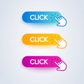 Click here colorful button set with hand icon on white background. Flat line gradient button collection. Vector web element