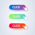 Click here colorful button set with hand icon on white background. Flat line gradient button collection. Vector web element Royalty Free Stock Photo