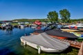 Elkwater Lake - July 1, 2021: Boats in the marina at Elkwater Lake in the Cypress Hills region of Southern Alberta