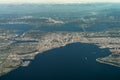 Elliot Bay Washington with aerial city view of landscape around Seattle Downtown and Seattle suburbs Royalty Free Stock Photo