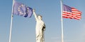 Ellis Island with statue of liberty and usa europe flag