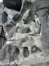 Ellora Cave 16 Basalt Wall Panel with Standing Carved Figures Royalty Free Stock Photo