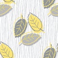 Elm leaf seamless vector pattern background. Hand drawn yellow grey leaves with offset silhouette color on vertical tree Royalty Free Stock Photo