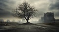 Eerie Composition: Lone Tree In Abandoned Road With City Background