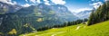 Elm village and Swiss mountains - Piz Segnas, Piz Sardona, Laaxer Stockli from Ampachli, Glarus, Switzerland, Europe