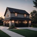 ELMHURST, IL, USA - SEPTEMBER 25, : A black and white luxury home with a two car garage and black door, professional Royalty Free Stock Photo