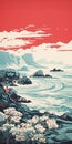 Serene Coastal Landscape Poster In Red And Cyan
