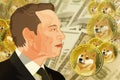 Elon Musk in front of a hundred dollar bill and Dogecoin in the background Royalty Free Stock Photo