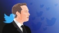 Elon Musk\'s portrait and Twitter logo. Elon Musk plans to buy Twitter