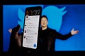 Elon Musk twitter account on mobile phone screen. Twitter logo in background