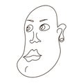 Elongated face of a man, bold guy with an earring. Charismatic cartoon character on white background with black line. Royalty Free Stock Photo