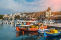 Ships and fishing boats in the harobor of Elounda. Royalty Free Stock Photo