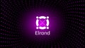 Elrond EGLD token symbol cryptocurrency in center of spiral of glowing dots on dark background.