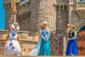 Elsa , Anna and Olaf on Mickey`s Royal Friendship Faire on Cinderella Castle in Magic Kingdom at Walt Disney World Resort  8 Royalty Free Stock Photo