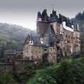 Eltz castle in Germany on a grey rainy day.