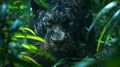 Elusive black panther with golden eyes in lush jungle, photorealistic cinematic shot