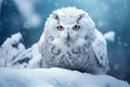 Elusive Polar owl winter branch. Generate Ai
