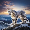 An elusive snow leopard navigating through a snowy mountainscape under the twilight sky