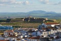 Elvas city inside the fortress wall in Alentejo with Santa Luzia fortress on the background, Portugal Royalty Free Stock Photo