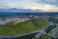 Elvas cityscape drone aerial panoramic view with beautiful green landscape of Alentejo, in Portugal Royalty Free Stock Photo