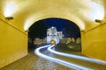 Elvas gate city entrance at night with car light trail in Alentejo, Portugal Royalty Free Stock Photo