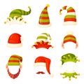 Elven Christmas colorful striped hats illustrations set