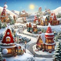 An elven little Christmas town at the North Pole with little red houses in the snow.