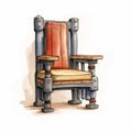 Cartoonish Wooden Throne With Red Cushions - Realistic Watercolor Sketch