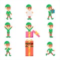 Elves characters set santa claus helper in different poses and actions icons set flat design vector illustration Royalty Free Stock Photo