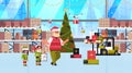 Elves couple helpers of santa claus working together with gift present boxes modern warehouse interior christmas