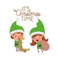 Elves couple with list gifts and merry christmas time avatar character Royalty Free Stock Photo