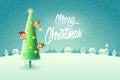 Elves decorating Christmas tree - Merry Christmas greeting card - winter night scene vector illustration