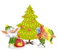 Christmas Elf with Present near Fir-tree Vector Royalty Free Stock Photo