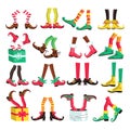 Elves feet. Different color gnomes boots, magic shoes, christmas creatures fairy little troll legs, striped tights and