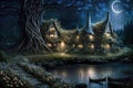 Elves houses in the magical starry night